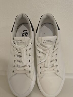 Stuart Weitzman White Leather Sneakers with Black Heel Accent